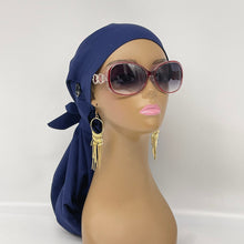 Load image into Gallery viewer, Niceroy Satin Lined Dread Locs and Long braids HAT Cap, Long pony style nursing caps made with navy blue cotton fabric