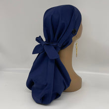 Load image into Gallery viewer, Niceroy Satin Lined Dread Locs and Long braids HAT Cap, Long pony style nursing caps made with navy blue cotton fabric