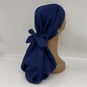 Niceroy Satin Lined Dread Locs and Long braids HAT Cap, Long pony style nursing caps made with navy blue cotton fabric