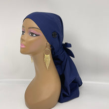 Load image into Gallery viewer, Niceroy Satin Lined Dread Locs and Long braids HAT Cap, Long pony style nursing caps made with navy blue cotton fabric