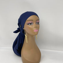 Load image into Gallery viewer, Niceroy Satin Lined Dread Locs and Long braids HAT Cap, Long pony style nursing caps made with navy blue cotton fabric