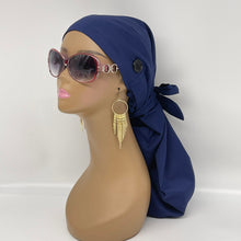 Load image into Gallery viewer, Niceroy Satin Lined Dread Locs and Long braids HAT Cap, Long pony style nursing caps made with navy blue cotton fabric