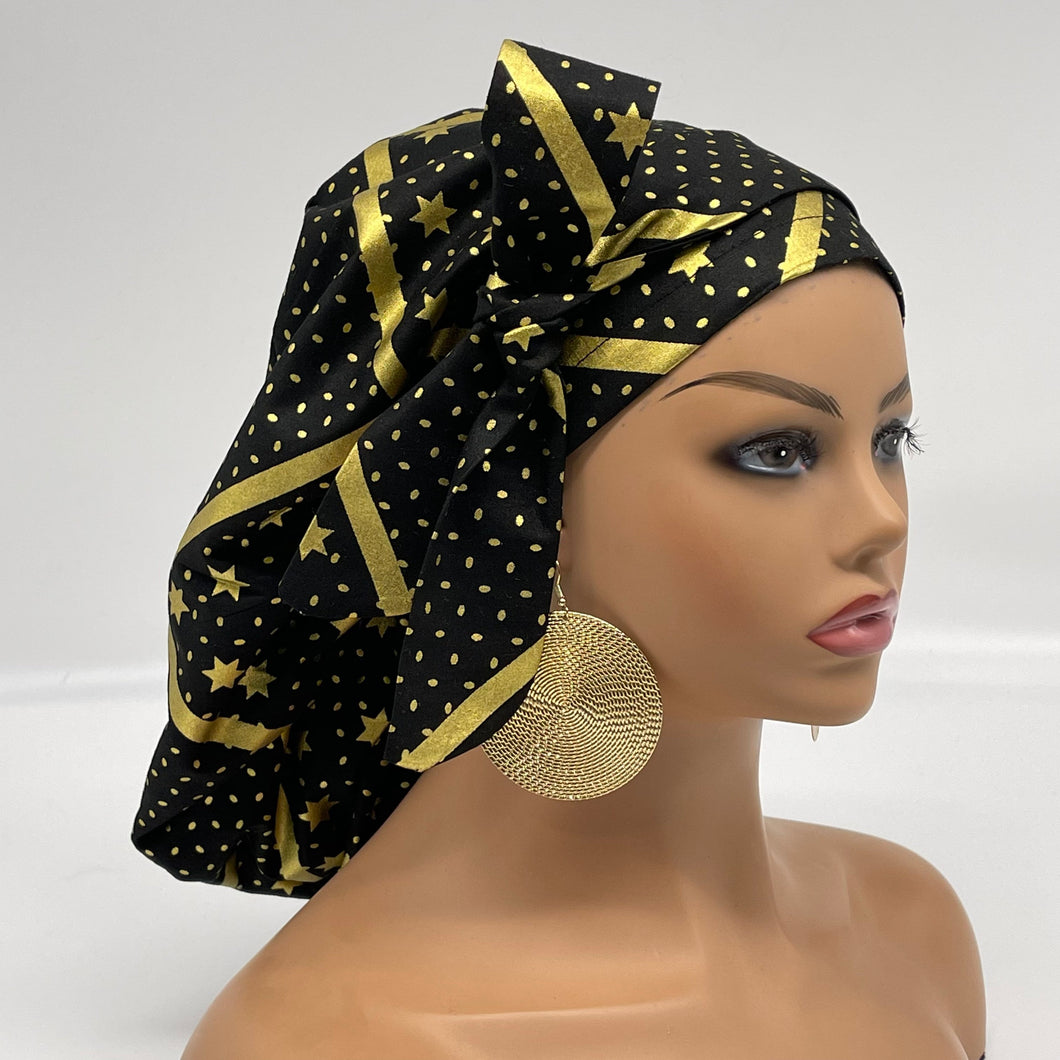 Niceroy Satin Lined Ponytail  PONY SCRUB CAP, black and metallic gold stars cotton fabric surgical scrub hat nursing caps, for long hair