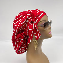 Load image into Gallery viewer, Niceroy Satin Lined Ponytail  PONY SCRUB CAP, Red and White Ankara cotton fabric surgical scrub hat pony nursing caps, for locs/Long Hair