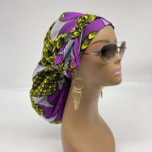 Load image into Gallery viewer, Niceroy Satin Lined Ponytail  PONY SCRUB CAP, purple and yellow Ankara cotton fabric surgical scrub hat nursing caps, for locs/Long Hair