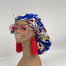 Load image into Gallery viewer, Niceroy Satin Lined Ponytail  PONY SCRUB CAP, Royal blue Red White Ankara cotton fabric surgical scrub hat nursing caps, for locs/Long Hair