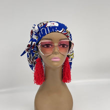 Load image into Gallery viewer, Niceroy Satin Lined Ponytail  PONY SCRUB CAP, Royal blue Red White Ankara cotton fabric surgical scrub hat nursing caps, for locs/Long Hair