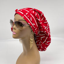 Load image into Gallery viewer, Niceroy Satin Lined Ponytail  PONY SCRUB CAP, Red and White Ankara cotton fabric surgical scrub hat pony nursing caps, for locs/Long Hair