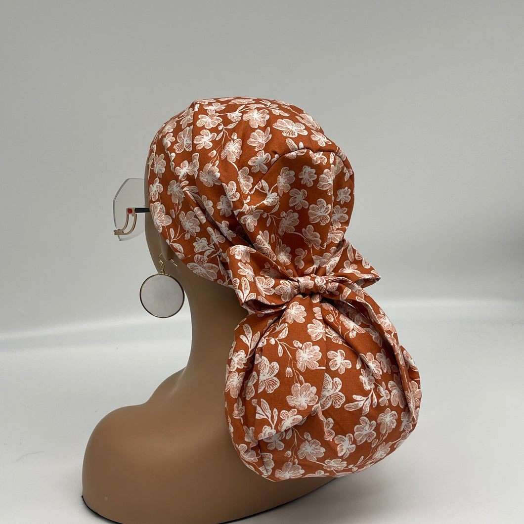 Niceroy Satin Lined Ponytail  PONY SCRUB CAP, Beige Rust Floral cotton fabric surgical scrub hat nursing caps and satin lining option, locs /Long Hair