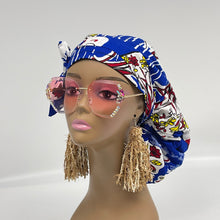 Load image into Gallery viewer, Niceroy Satin Lined Ponytail  PONY SCRUB CAP, Royal blue Red White Ankara cotton fabric surgical scrub hat nursing caps, for locs/Long Hair