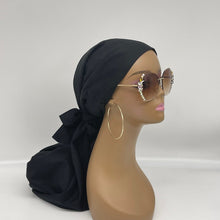 Load image into Gallery viewer, Niceroy Satin Lined Dread Locs and Long braids HAT Cap, Long pony style nursing scrub caps made with Black cotton fabric and satin lining option