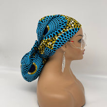 Load image into Gallery viewer, Niceroy Satin Lined Ponytail  PONY SCRUB CAP, turquoise Ankara cotton fabric surgical scrub hat pony nursing caps, for locs/Long Hair