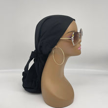 Load image into Gallery viewer, Niceroy Satin Lined Dread Locs and Long braids HAT Cap, Long pony style nursing scrub caps made with Black cotton fabric and satin lining option