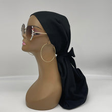 Load image into Gallery viewer, Niceroy Satin Lined Dread Locs and Long braids HAT Cap, Long pony style nursing scrub caps made with Black cotton fabric and satin lining option