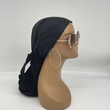 Load image into Gallery viewer, Niceroy Satin Lined Dread Locs and Long braids HAT Cap, Long pony style nursing scrub caps made with Black cotton fabric and satin lining option