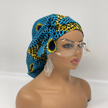 Load image into Gallery viewer, Niceroy Satin Lined Ponytail  PONY SCRUB CAP, turquoise Ankara cotton fabric surgical scrub hat pony nursing caps, for locs/Long Hair