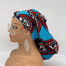 Load image into Gallery viewer, Niceroy Satin Lined Ponytail  PONY SCRUB CAP, Blue Orange Navy Silver Ankara fabric surgical scrub hat  nursing caps for locs/Long Hai