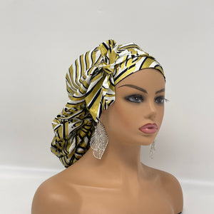 Niceroy Satin Lined Ponytail  PONY SCRUB CAP, Black Gold white Ankara fabric surgical scrub hat  nursing caps for locs/Long Hair