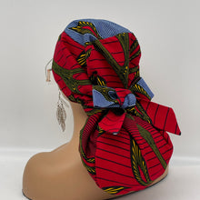 Load image into Gallery viewer, Niceroy Satin Lined Ponytail  PONY SCRUB CAP, Red White  Navy Yellow Ankara fabric surgical scrub hat  nursing caps for locs/Long Hair