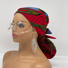 Load image into Gallery viewer, Niceroy Satin Lined Ponytail  PONY SCRUB CAP, Red White  Navy Yellow Ankara fabric surgical scrub hat  nursing caps for locs/Long Hair