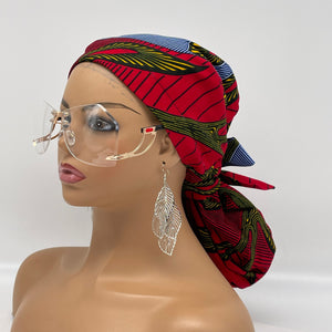 Niceroy Satin Lined Ponytail  PONY SCRUB CAP, Red White  Navy Yellow Ankara fabric surgical scrub hat  nursing caps for locs/Long Hair