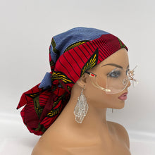 Load image into Gallery viewer, Niceroy Satin Lined Ponytail  PONY SCRUB CAP, Red White  Navy Yellow Ankara fabric surgical scrub hat  nursing caps for locs/Long Hair