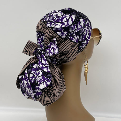 Niceroy Satin Lined Ponytail  PONY SCRUB CAP, Purple black White Ankara cotton fabric surgical scrub hat nursing caps, for locs/Long Hair