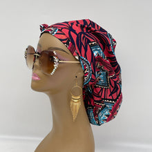 Load image into Gallery viewer, Niceroy Satin Lined Ponytail  Ankara PONY SCRUB CAP, blue, pink black Ankara cotton fabric surgical scrub hat, pony nursing caps for locs, braid, long hair