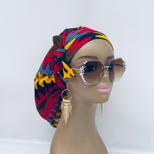 Load image into Gallery viewer, Niceroy Satin Lined Ponytail  PONY SCRUB CAP, Red Yellow Grey Navy Ankara cotton fabric surgical scrub hat pony nursing caps for locs/Long Hair