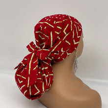 Load image into Gallery viewer, Niceroy Satin Lined Ponytail  PONY SCRUB CAP, Red cream White Ankara cotton fabric surgical scrub hat pony nursing caps, for locs/Long Hair