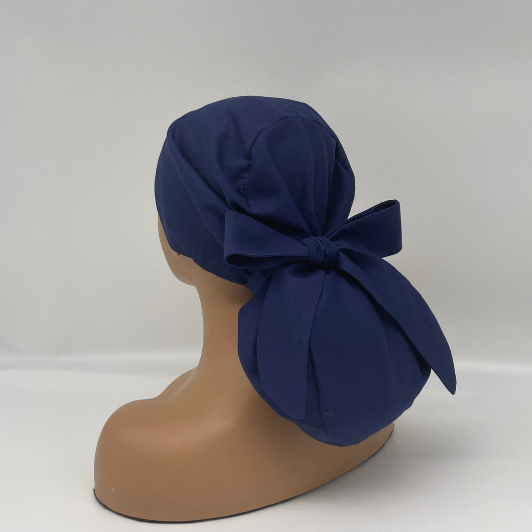 Niceroy Satin Lined Ponytail  PONY SCRUB CAP, solid navy blue cotton fabric surgical scrub hat pony nursing caps and for locs /Long Hair