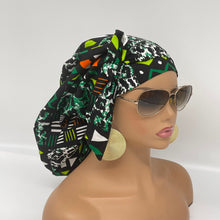 Load image into Gallery viewer, Niceroy Satin Lined Ponytail  PONY SCRUB CAP, black and green cotton fabric surgical scrub hat pony nursing caps, for locs /Long Hair