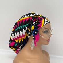 Load image into Gallery viewer, Niceroy Satin Lined Ponytail  Ankara PONY SCRUB CAP, blue, pink teal yellow cotton fabric surgical scrub hat, pony nursing caps for locs, braid, long hair