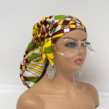 Load image into Gallery viewer, Niceroy Satin Lined Ponytail  PONY SCRUB CAP, Green Yellow maroon Ankara fabric surgical scrub hat  nursing caps for locs/Long Hai