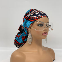 Load image into Gallery viewer, Niceroy Satin Lined Ponytail  PONY SCRUB CAP, Blue Orange Navy Silver Ankara fabric surgical scrub hat  nursing caps for locs/Long Hai