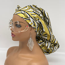 Load image into Gallery viewer, Niceroy Satin Lined Ponytail  PONY SCRUB CAP, Black Gold white Ankara fabric surgical scrub hat  nursing caps for locs/Long Hair