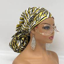 Load image into Gallery viewer, Niceroy Satin Lined Ponytail  PONY SCRUB CAP, Black Gold white Ankara fabric surgical scrub hat  nursing caps for locs/Long Hair