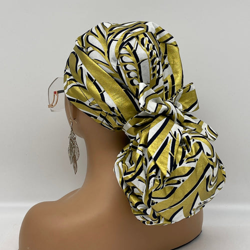 Niceroy Satin Lined Ponytail  PONY SCRUB CAP, Black Gold white Ankara fabric surgical scrub hat  nursing caps for locs/Long Hair