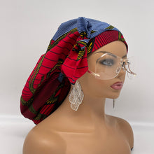 Load image into Gallery viewer, Niceroy Satin Lined Ponytail  PONY SCRUB CAP, Red White  Navy Yellow Ankara fabric surgical scrub hat  nursing caps for locs/Long Hair