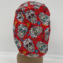 Load image into Gallery viewer, Niceroy Satin Lined Ponytail  PONY SCRUB CAP, Red skull day of the dead cotton fabric surgical scrub hat nursing for locs/Long Hair