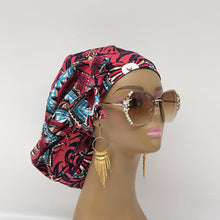 Load image into Gallery viewer, Niceroy Satin Lined Ponytail  Ankara PONY SCRUB CAP, blue, pink black Ankara cotton fabric surgical scrub hat, pony nursing caps for locs, braid, long hair