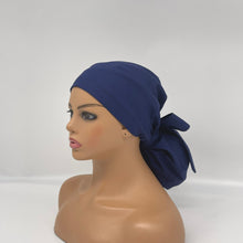 Load image into Gallery viewer, Niceroy Satin Lined Ponytail  PONY SCRUB CAP, solid navy blue cotton fabric surgical scrub hat pony nursing caps and for locs /Long Hair