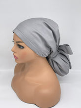 Load image into Gallery viewer, Niceroy Satin Lined Ponytail  PONY SCRUB CAP, solid gray cotton fabric surgical scrub hat pony nursing caps and for locs /Long Hair