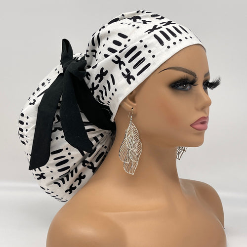 Satin Lined Adjustable 2XL JUMBO PONY SCRUB Cap, Black/White cotton fabric surgical nursing hat  for Extra long/thick Hair/Locs