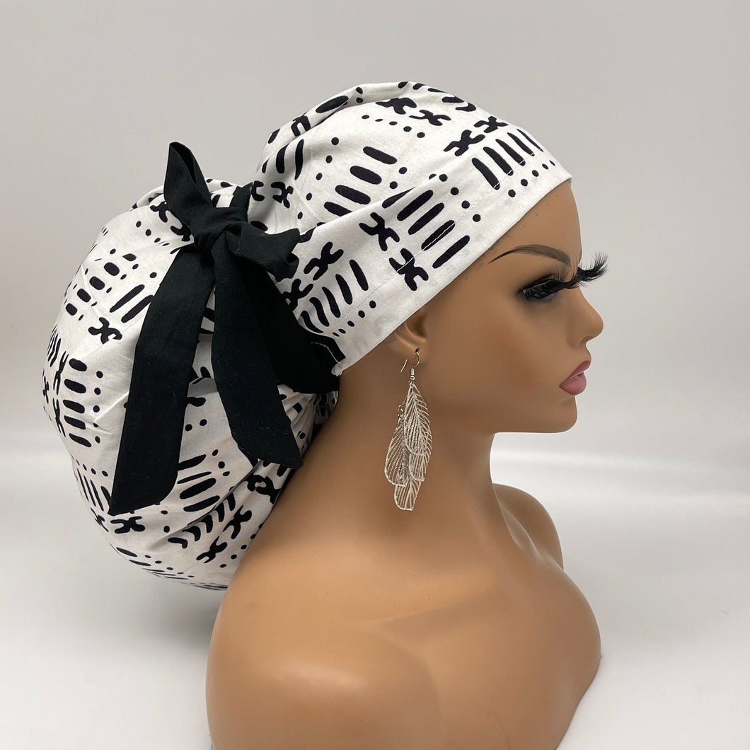 Satin Lined Adjustable 2XL JUMBO PONY SCRUB Cap, Black/White cotton fabric surgical nursing hat  for Extra long/thick Hair/Locs