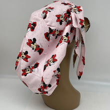 Load image into Gallery viewer, Niceroy Satin Lined Ponytail  SCRUB CAP pink Mickey and Minnie Mouse cotton fabric surgical scrub hat nursing caps, for long hair