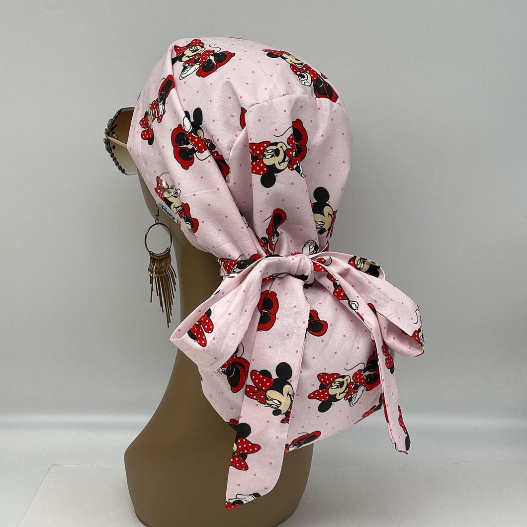 Niceroy Satin Lined Ponytail  SCRUB CAP pink Mickey and Minnie Mouse cotton fabric surgical scrub hat nursing caps, for long hair