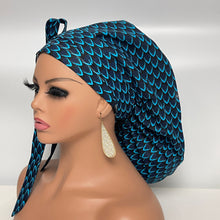 Load image into Gallery viewer, Niceroy Satin Lined Ponytail  PONY SCRUB CAP, black, blue  Ankara cotton fabric surgical scrub hat nursing caps, for locs /Long Hair