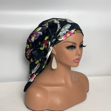 Load image into Gallery viewer, Niceroy Satin Lined Ponytail PONY SCRUB CAP, black floral bridal satin fabric surgical scrub hat pony nursing caps and for locs /Long Hair