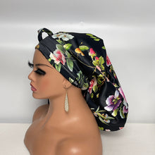 Load image into Gallery viewer, Niceroy Satin Lined Ponytail PONY SCRUB CAP, black floral bridal satin fabric surgical scrub hat pony nursing caps and for locs /Long Hair